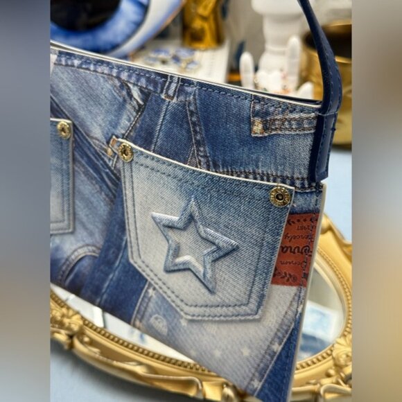 🆕 CHIARA FERRAGNI 🧿 NWOT All Over Denim Print Thin Shoulder Bag - Picture 7 of 14